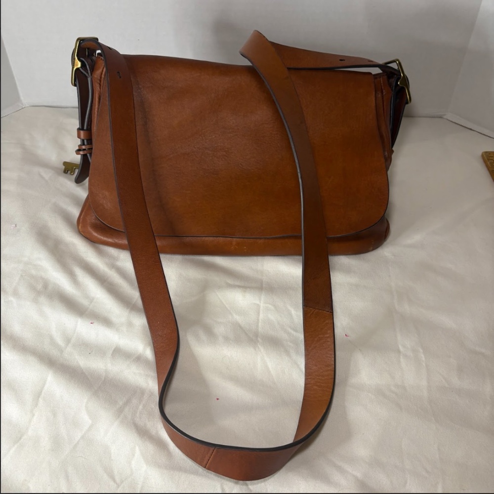 Fossil Harper Leather Flap Crossbody/Messenger Bag, Cognac Brown With Key